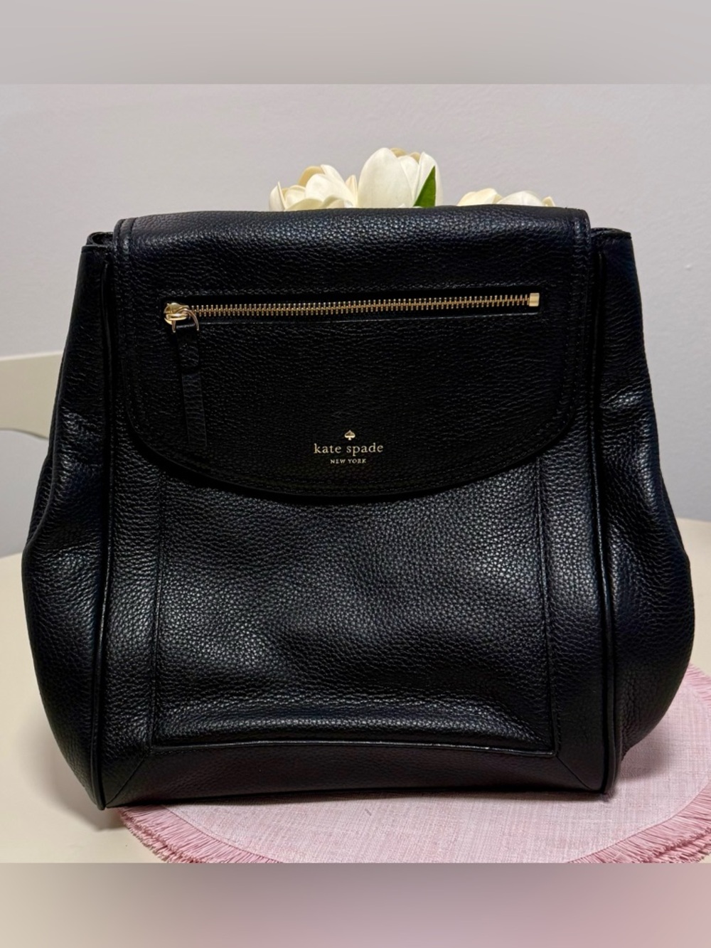 Kate Spade Black Pebbled Leather Backpack with Gold Hardware